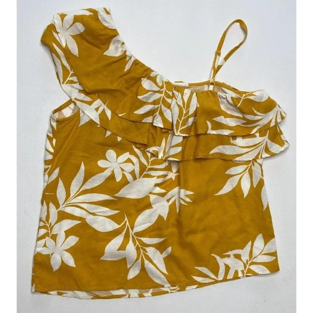 Womens Old Navy Mustard Yellow Asymmetrical‎ Sleeve Ruffle Linen Blend Top sz S